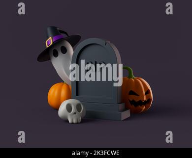 Einfacher halloween Grabstein mit Totenkopf, Geist im Hexenhut und Kürbis-Bube 3D Renderbild. Isoliertes Objekt auf dunklem Hintergrund Stockfoto