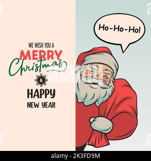 Vektor hübsch lustig lächelnd Weihnachtsmann mit Sack Peeking aus hinter einem Banner, Schild. Weihnachtskarte mit fröhlichen Weihnachten und glücklichen Neuigkeiten Stock Vektor
