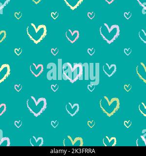 Handgezeichneter Hintergrund mit farbigen Herzen. Nahtloses Hintergrundbild. Abstrakte Textur mit Liebeselementen. Schönes Muster. Druck für Banner, Flyer oder Poster, Stock Vektor