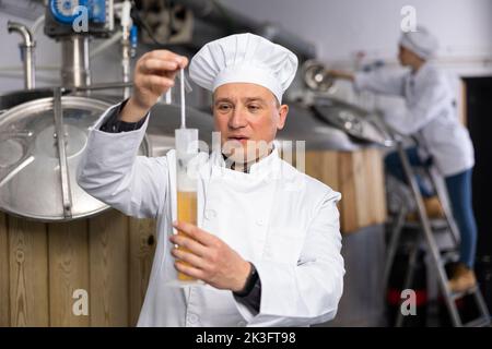 Brauereibesitzer überprüft den Alkoholgehalt im Bier mit einem Hydrometer Stockfoto