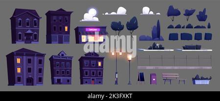 Nachtstadt Konstruktor Satz von Häusern, Gebäuden, Shop, Straße Laternen, Bäume, Büsche, Bank, Zaun, Abfalleimer, Mond, der durch Wolken scheint. Mitternacht Cartoon Stadt Design Elemente Vektor Illustration Stock Vektor