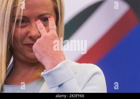 Giorgia Meloni gewinnt die italienischen Wahlen, fratelli d'italia ist Italiens führende Partei, Pressekonferenz Stockfoto