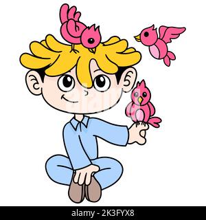 Ein Vektorbild eines Zeichentrickjungen mit pinkfarbenen Vögeln, isoliert auf weißem Hintergrund Stock Vektor