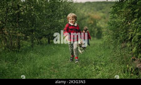 Glückliche Kinder laufen zusammen mit Beagle Welpen im grünen Garten. Lächelnde Brüder, stylische Jungen, die Spaß mit Hund haben und draußen spielen. Freundschaft Stockfoto