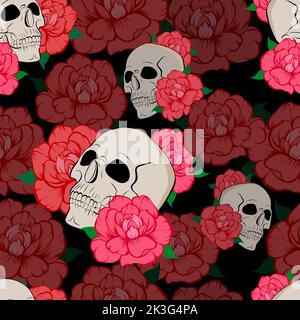Gothic Nahtloses Muster mit Rosen und Totenköpfen. Vektorgrafik Stock Vektor