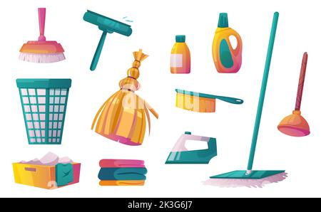 Haushaltsgeräte und Chemikalien Cartoon-Set isoliert auf weiß. Vektordarstellung von Mopp, Broomstick, Kolben, Bürsten, Wäschekorb, Waschmittelflaschen, Bügeleisen, Leinenstapel. Reinigung zu Hause und im Büro Stock Vektor