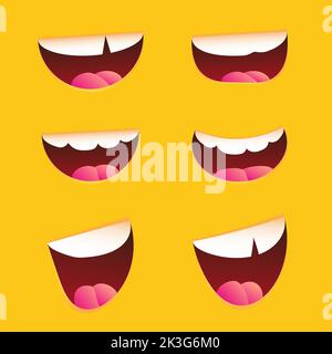 Lustige Cartoon Münder mit verschiedenen Ausdrücken auf gelbem Hintergrund gesetzt. Lächeln Sie mit Zähnen, Zunge, überrascht. Einfache Vektordarstellung. Stock Vektor