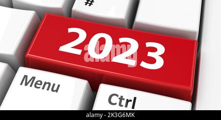 Computertastatur mit 2023 Tasten stellt neue 2023 Jahre, dreidimensionale Darstellung, 3D Abbildung dar Stockfoto