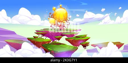 Spiel Hintergrund mit Fantasie schwimmenden Inseln und Märchen magische Blume. Bodenstücke der Sommerlandschaft fliegen in der Luft mit grünem Gras und fantastischen Alien-Baum, Vektor-Cartoon-Illustration Stock Vektor