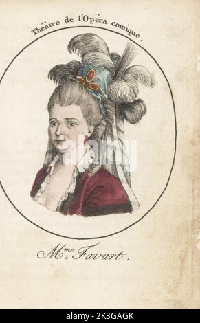 Justine Favart, Marie Justine Benoite Favart, französische Opernsängerin, Schauspielerin, Tänzerin und Schriftstellerin, Ehefrau des Dramatikers Charles Simon Favart, 1727-1772. Frau Favart. Theater de l'Opera comique. Justine Duronceray. Handkolorierter Kupferstich nach Jacques Grasset Saint-Sauveur von Acteurs et Actrices Cebres, berühmten Schauspielern und Schauspielerinnen, Le Caliz Latour Libraire, Paris, 1808. Stockfoto