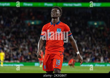 London, Großbritannien. 26. September 2022. Bukayo Saka aus England reagiert während der League A Group 3 gegen Deutschland bei der UEFA Nations League 2022 in London, Großbritannien, 26. September 2022. Quelle: Str/Xinhua/Alamy Live News Stockfoto