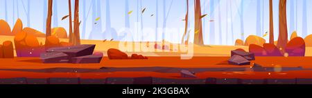 Cartoon Herbstwald, Wald Natur Landschaft mit gelbem Gras, Bäumen und orangefarbenen Büschen Querschnitt Bodenansicht. Landschaft natürliche Parallax Hintergrund für Spiel, 2D Panorama-Szene, Vektor-Illustration Stock Vektor