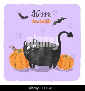 Happy Halloween Grußkarte mit niedlichen schwarzen Katzen und Kürbissen. Vektorgrafik Aquarell. Stock Vektor