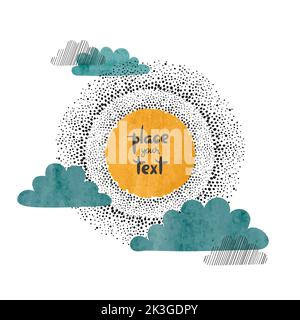 Vektorgrafik Sonne mit Wolken. Handgezeichnetes Wasserfarben-Wetterposter Stock Vektor