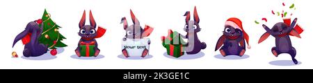 Weihnachtskaninchen, niedliche Cartoon-New-Year-Bunny-Charakter mit schwarzem Fell gesetzt. Lustige Weihnachten Tier Persönlichkeit in Santa Hut und Schal halten Geschenk-Box, Banner, Konfetti und Tanne, Vektor-Illustration Stock Vektor