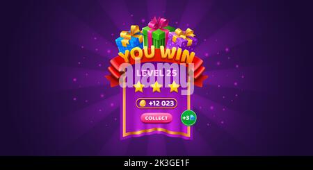 Sie gewinnen Spiel Popup-Banner, Casino Jackpot Ebene Ergebnis Bildschirm. Victory Pop-up-Benutzeroberfläche mit goldenen Münzen, Sternen und Geschenkboxen. UI spielen Slots oder Roulette-Element, Cartoon-Vektor-Illustration Stock Vektor