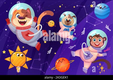 Niedliche Tiere Astronauten in Raumanzügen fliegen im freien Raum. Glückliche Hunde und Affen Kosmonauten im Helm erkunden Universum Galaxie mit Planeten, Sternen und Konstellationen Cartoon-Vektor-Illustration. Stock Vektor