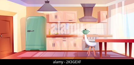 Cartoon Küche Interieur mit Holz Retro-Möbel und Dunstabzugshaube. Hausküche mit Herd, Kühlschrank, Schränken und Esstisch mit weißem Stuhl. Leere Wohnung im Inneren mit Tür und Essbereich Stock Vektor