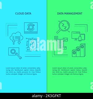 Banner-Vorlagen für Cloud-Daten und Datenmanagement mit Platz für Text. Symbole zur Speicherung und Verarbeitung von Informationen im Linienstil. Vektorgrafik. Stock Vektor