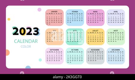 Taschenkalender auf 2023 Jahr, Französisch. Farbiger horizontaler Kalender. Die Woche beginnt ab Montag. Vektorvorlage für Unternehmen. Stock Vektor