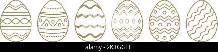 Vektor-Set für Ostereier. Gold gerahmte Umrisse Eier auf weißem isolierten Hintergrund. Sechs Happy Easter Kontureier mit verschiedenen Ornamenten. Stock Vektor