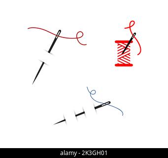 Nähnadel mit Faden und Nähen. Rote Spule des Gewindes. Scharfe Nadel und Faden schwarze Silhouette. Vektorgrafik isoliert auf weißem Hintergrund Stock Vektor