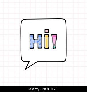 Hi Speech Bubble im Stil des 90s. Vektor-handgezeichnete Doodle-Illustration isoliert auf weißem Hintergrund. Nostalgie für die 1990s. Stock Vektor