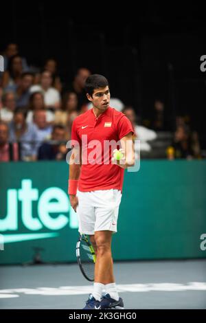 Valencia, Spanien. 18. September 2022. Carlos Alcaraz (Spanien-Team) beim Davis Cup von Rakuten beim Pabellon Municipal de Fuente San Luis beim Tennisspiel zwischen Spanien und der Republik Korea in Aktion gesehen.Endstand, Spanien 6, 7 Korea Republic 4, 6. Kredit: SOPA Images Limited/Alamy Live Nachrichten Stockfoto