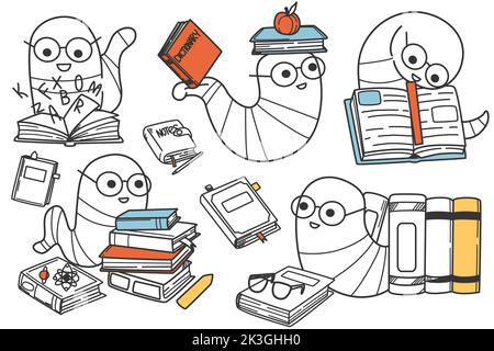 Handgezeichnete lustige Bücherwürmer Doodle Set. Lächelnde Würmer in einer Brille auf Bücherstapeln, die Bildungsliteratur lesen und lernen. Glückliche intelligente Tierfiguren studieren bunte Lehrbücher. Stock Vektor