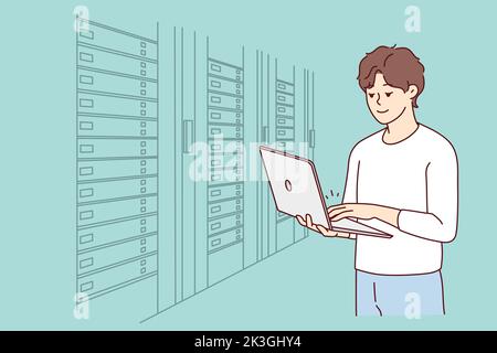 Männlicher Ingenieur mit Laptop, der neben dem Serverraum mit Computern steht. Man IT-Spezialist, der in Rechenzentren in der Nähe von Server-Racks arbeitet. Vektorgrafik. Stock Vektor