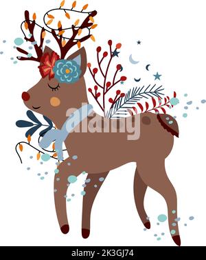 Magischer Winter, niedliche Hirsche, in einem Schal mit Girlanden auf den Hörnern, Winterbeeren, farbigen Blättern, Schnee. Skandinavisches Tier.die Zusammensetzung ist ideal für Grußkarten, Poster, Flyer, Banner.Vektor Stock Vektor