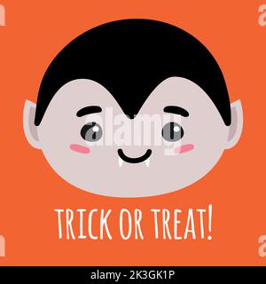 Vektor flach handgezeichnete Halloween niedlichen Schädel und Trick or Treat Schriftzug isoliert auf orangefarbenem Hintergrund Stock Vektor