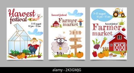 Cartoon Festival Plakate der Ernte Festival. Bauernhof lokalen Markt Einladung Banner oder Karten mit natürlichem Gemüse, landwirtschaftliche Produkte und Bauernhaus. Flat glücklich landwirtschaftlichen Landwirt Sammeln von Pflanzen. Stock Vektor
