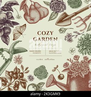 Gartenarbeit handgezeichnete Illustration Design. Hintergrund mit Weinlese Gießkanne, Äpfel, Kirsche, Birnen, Schaufel, Rechen, Scheren, Kamille, Sonnenblume Stock Vektor