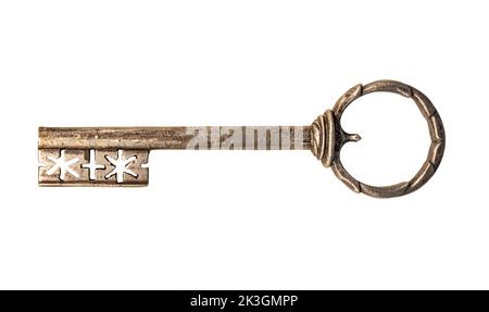 Der historische Eisenschlüssel, 16. Jahrhundert, isoliert auf weißem Hintergrund Stockfoto