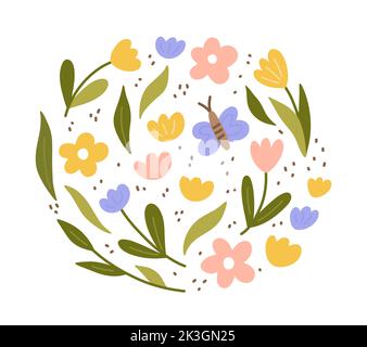 Niedliche Farbe Doodle Blumen, Blätter und Schmetterling auf weißem Hintergrund isoliert. Vektorgrafik in handgezeichneter, flacher Form. Perfekt für Karten, Logo Stock Vektor