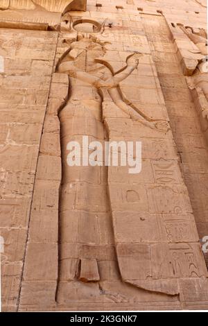 Wunderschöne pharaonische Reliefs und Hieroglyphen, die an den Wänden des Philae-Tempels, Assuan, geschnitzt wurden Stockfoto