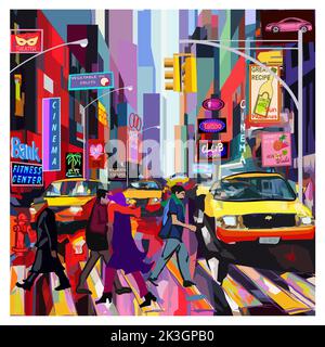 Originelle und bunte Darstellung des Times Square in New York - Vektor-Illustration (ideal für den Druck auf Stoff oder Papier, Poster oder Tapete, ho Stock Vektor