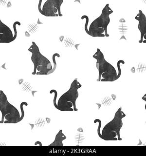 Nahtloses Muster mit Aquarell schwarzen Katzen und Fischgräten. Vektorgrafik. Stock Vektor