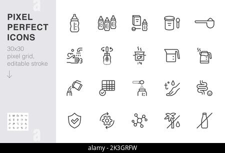 Symbol für Babynahrung eingestellt. Säuglingsnahrung - Flasche, Hände waschen, sterilisieren, Verdauung minimal Vektorgrafik. Einfaches Umrisszeichen für Pulvermilch Stock Vektor