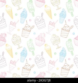 Nahtloses Muster mit Umriss verschiedener Eiscreme, Eislippe, Waffelkegel, Schüssel mit Schlagfutter. Süße Sommerdesserts. Handgezeichneter linearer farbausdruck Stock Vektor