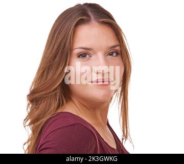 Einfache und natürliche Schönheit. Ein schönes Plus-Size-Modell auf Weiß isoliert. Stockfoto