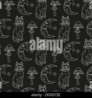 Halloween Nahtloses Muster mit niedlichen Cartoon-Katzen, Halbmonden und giftigen Pilzen Stock Vektor