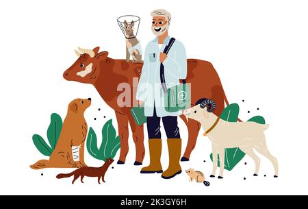Cartoon Tierarzt Arzt mit Tieren. Tierarzt untersucht Kuh und Ziege. Tierärztliche Hilfe. Person Check-up Hund oder Katze. Mann heilt Haustiere. Untersuchung und Stock Vektor