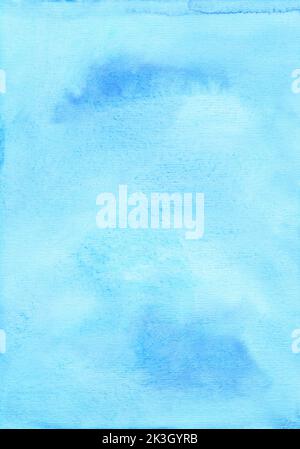 Aquarell hellblaue Hintergrundstruktur. Aquarell himmelblaue Flecken auf Papier. Stockfoto