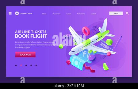 Konzept für den Kauf von Flugtickets und die Buchung von Flügen. Vektor 3D isometrische Illustration von Flugzeug, Bordkarte und bunten abstrakten geometrischen Formen. Stock Vektor