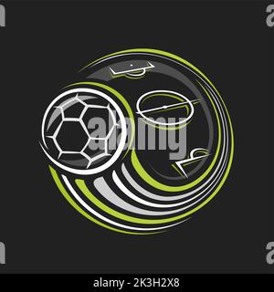 Vektor-Logo für Fußball-Sport, isoliert modernes Emblem mit Abbildung des fliegenden Fußballs über Fußballfeld, dekorative Linie Kunst Sport Abzeichen f Stock Vektor