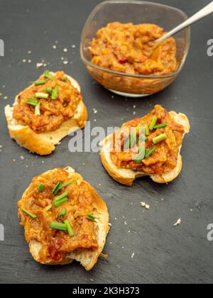 Zacusca, rumänischer Gemüseaufstrich, mit gerösteten Auberginen, Zwiebeln Tomatenmark und gerösteten roten Paprika Stockfoto