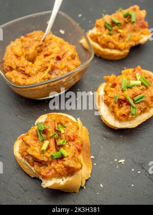 Zacusca, rumänischer Gemüseaufstrich, mit gerösteten Auberginen, Zwiebeln Tomatenmark und gerösteten roten Paprika Stockfoto