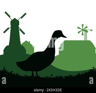 Enten grasen auf der Weide. Bildsilhouette. Haustiere auf dem Bauernhof. Hausgeflügel. Ländliche Landschaft mit Bauernhaus. Isoliert auf weißem Hintergrund. Vektor. Stock Vektor